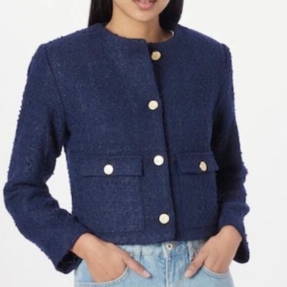 Abercrombie Navy Blue Collarless Tweed Blazer Lady Jacket - Picture 1 of 5